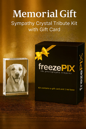 freezePIX Memorial Gift Kit with crystal tribute and gift card on a wooden surface