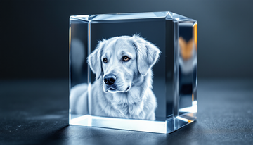 crystal memorial block on linen with lily in warm window light