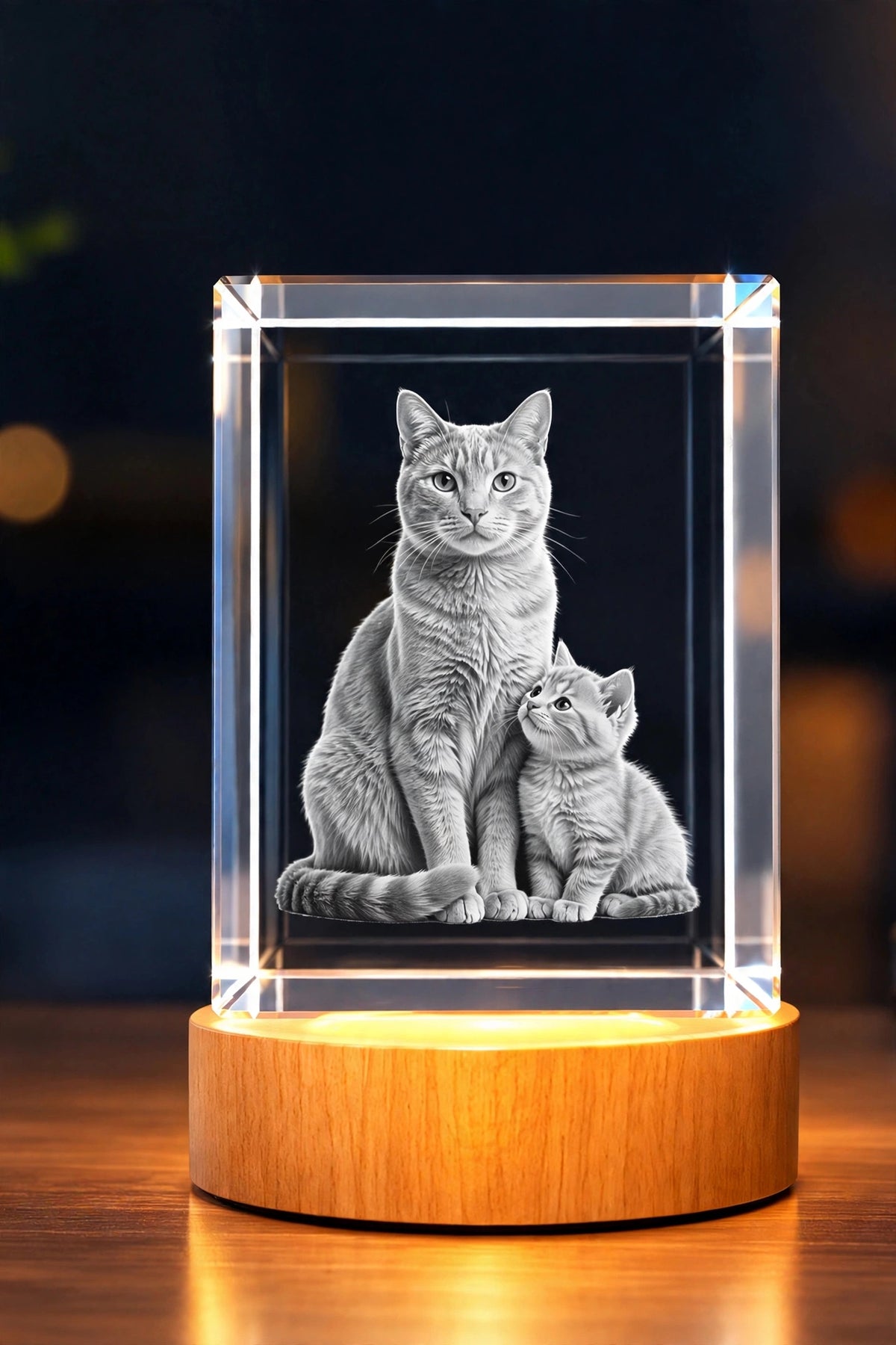 3D laser-engraved rectangle crystal on LED base – personalized keepsake