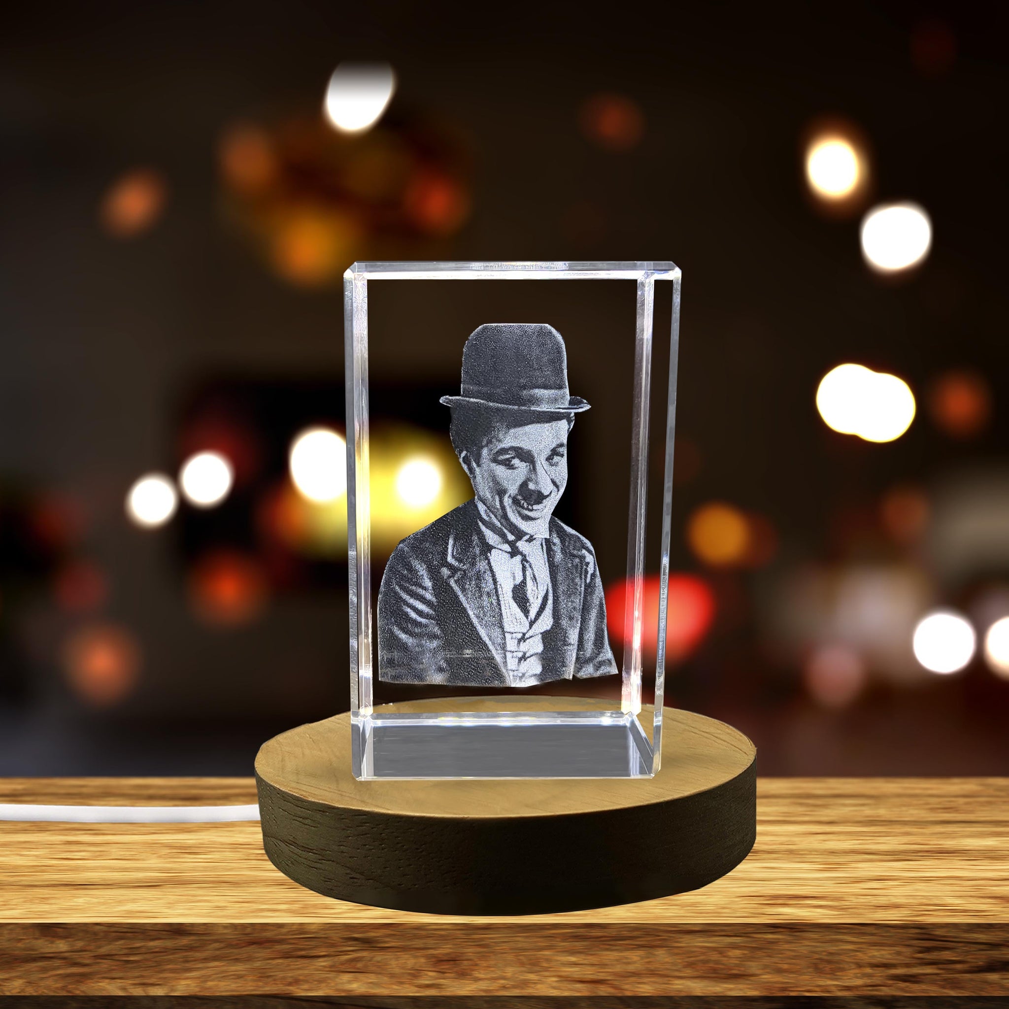High-Quality Photo Printing & Personalized Gifts - Charlie Chaplin 3D Engraved Crystal - The Eternal Tramp Immortalized in Crystal | FreezePIX