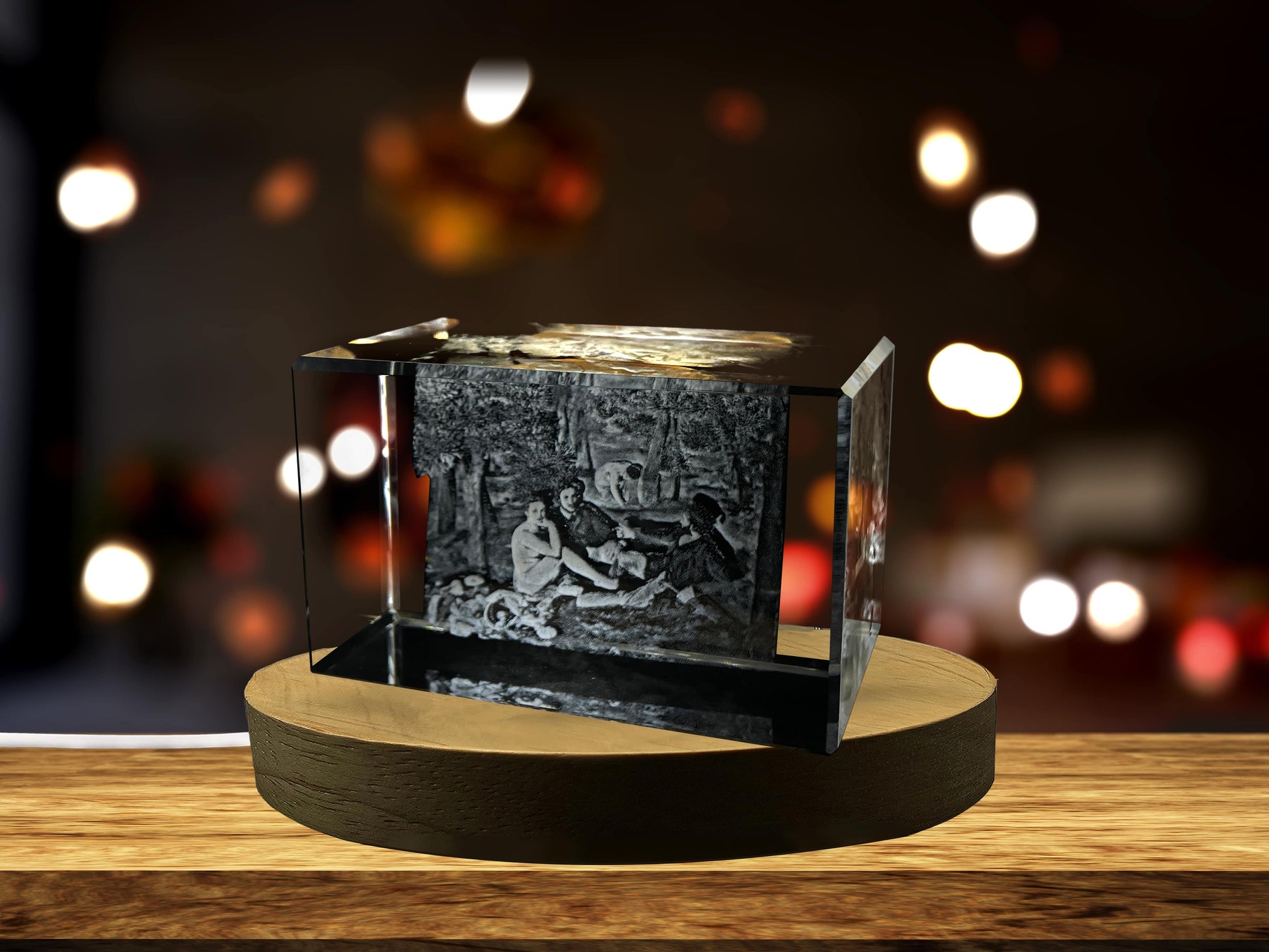 High-Quality Photo Printing & Personalized Gifts - Le Dejeuner sur l'Herbe 3D Engraved Crystal Decor with LED Base Light | FreezePIX