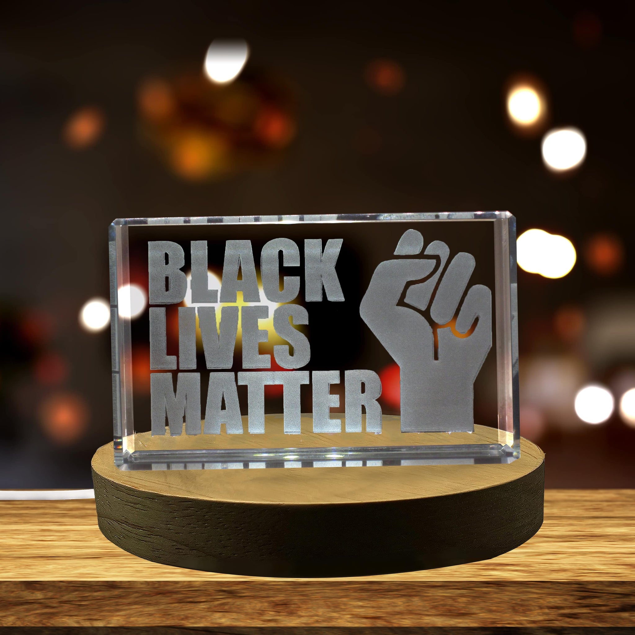 High-Quality Photo Printing & Personalized Gifts - Black Lives Matter Fist 3D Engraved Crystal Keepsake - Illuminated with FREE Round LED Base Light | FreezePIX