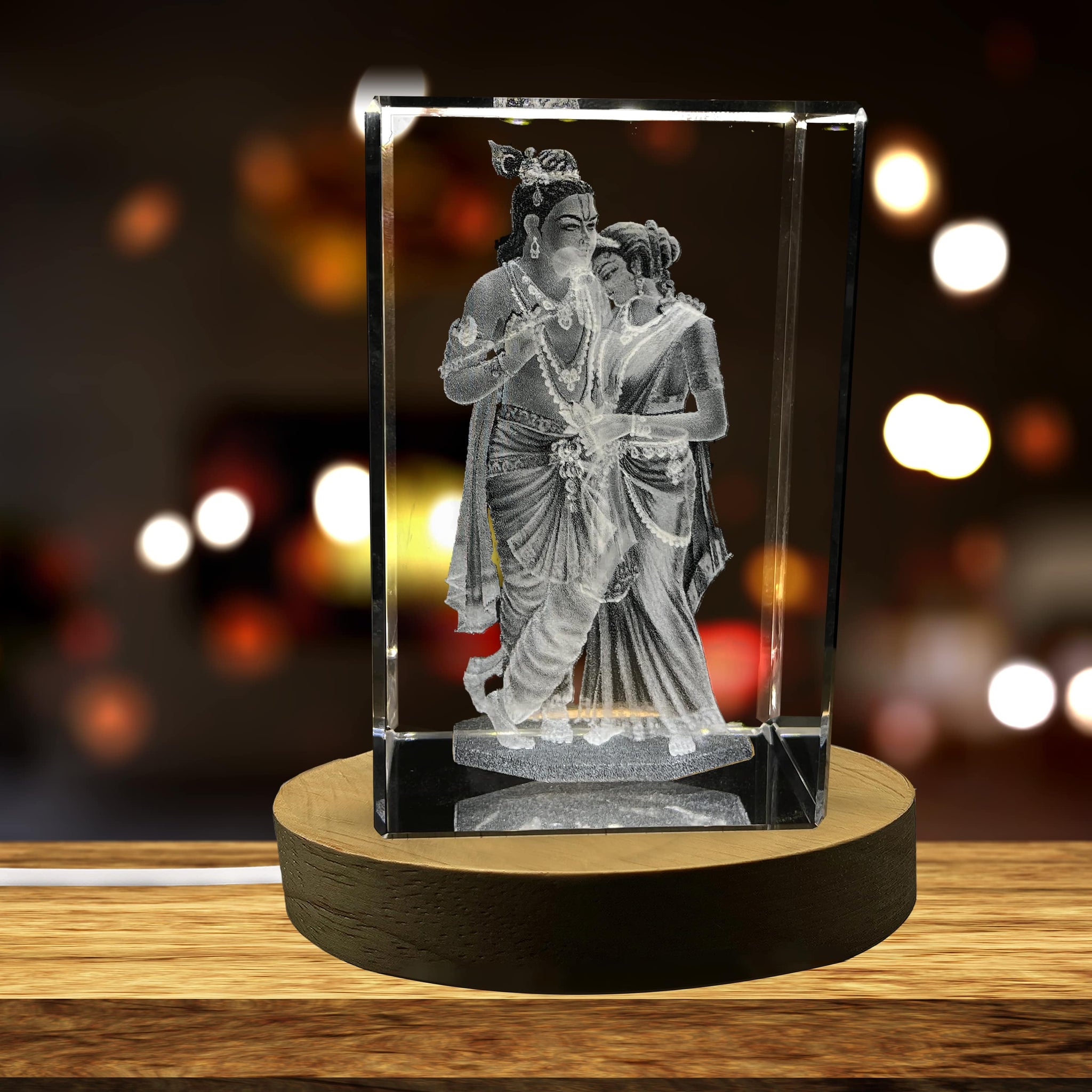 High-Quality Photo Printing & Personalized Gifts - Krishna and Radha 3D Engraved Crystal Keepsake with LED Base Light | FreezePIX