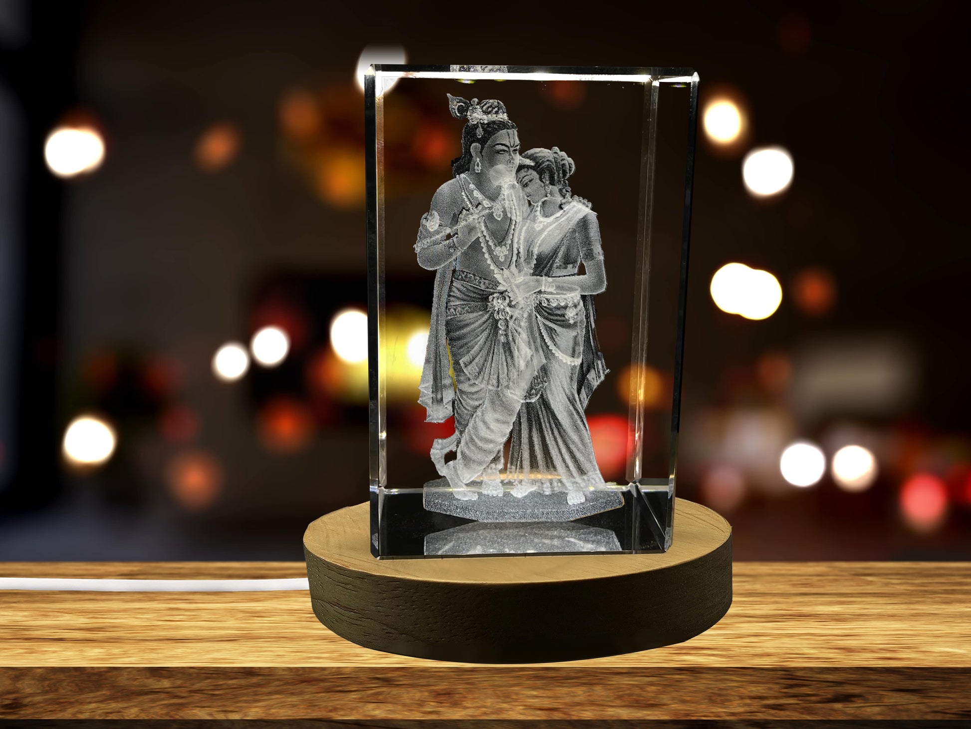 High-Quality Photo Printing & Personalized Gifts - Krishna and Radha 3D Engraved Crystal Keepsake with LED Base Light | FreezePIX