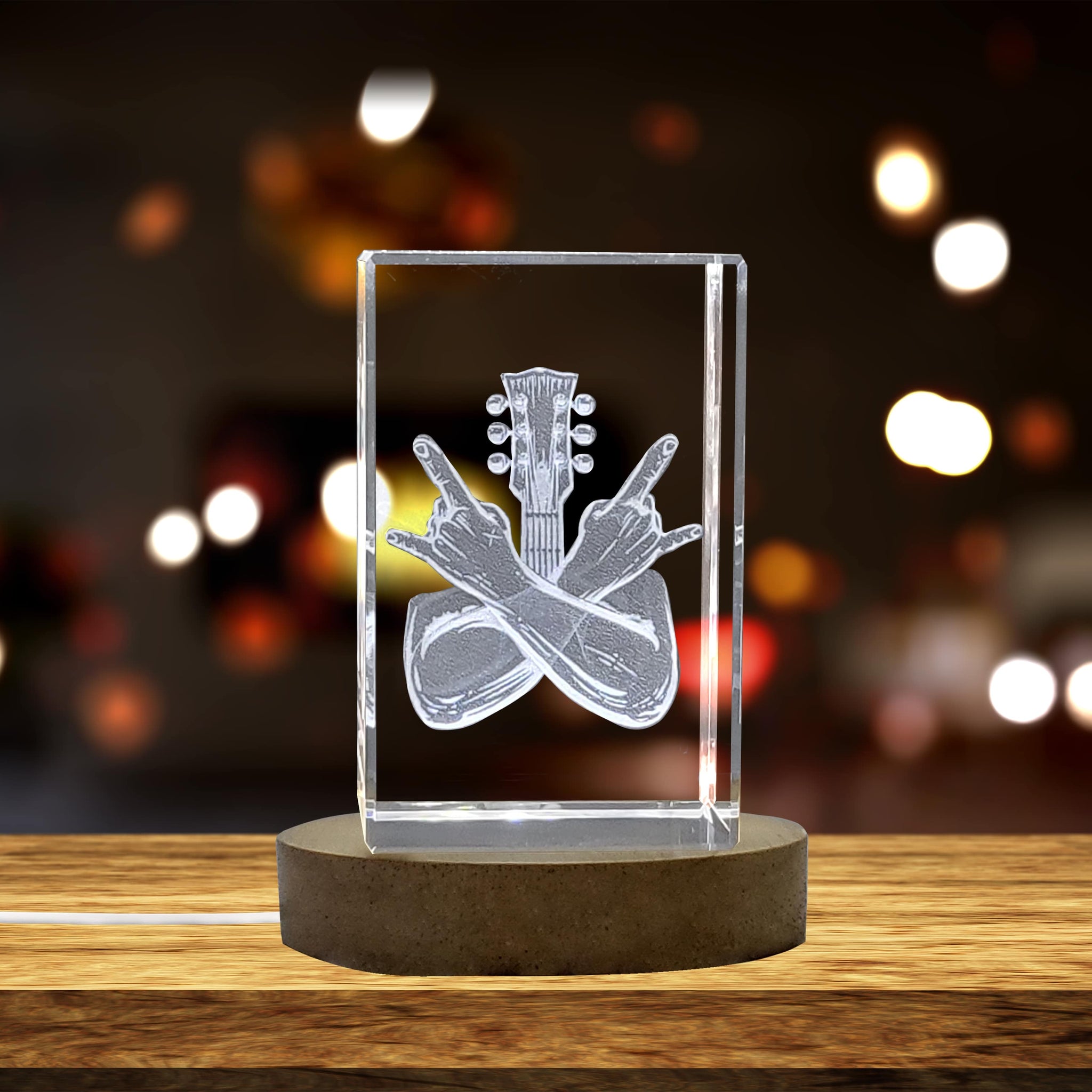 High-Quality Photo Printing & Personalized Gifts - Unique 3D Engraved Crystal with Crossed Hands Rock n Roll Gesture and Guitar Design - Perfect Gift for Music Lovers | FreezePIX