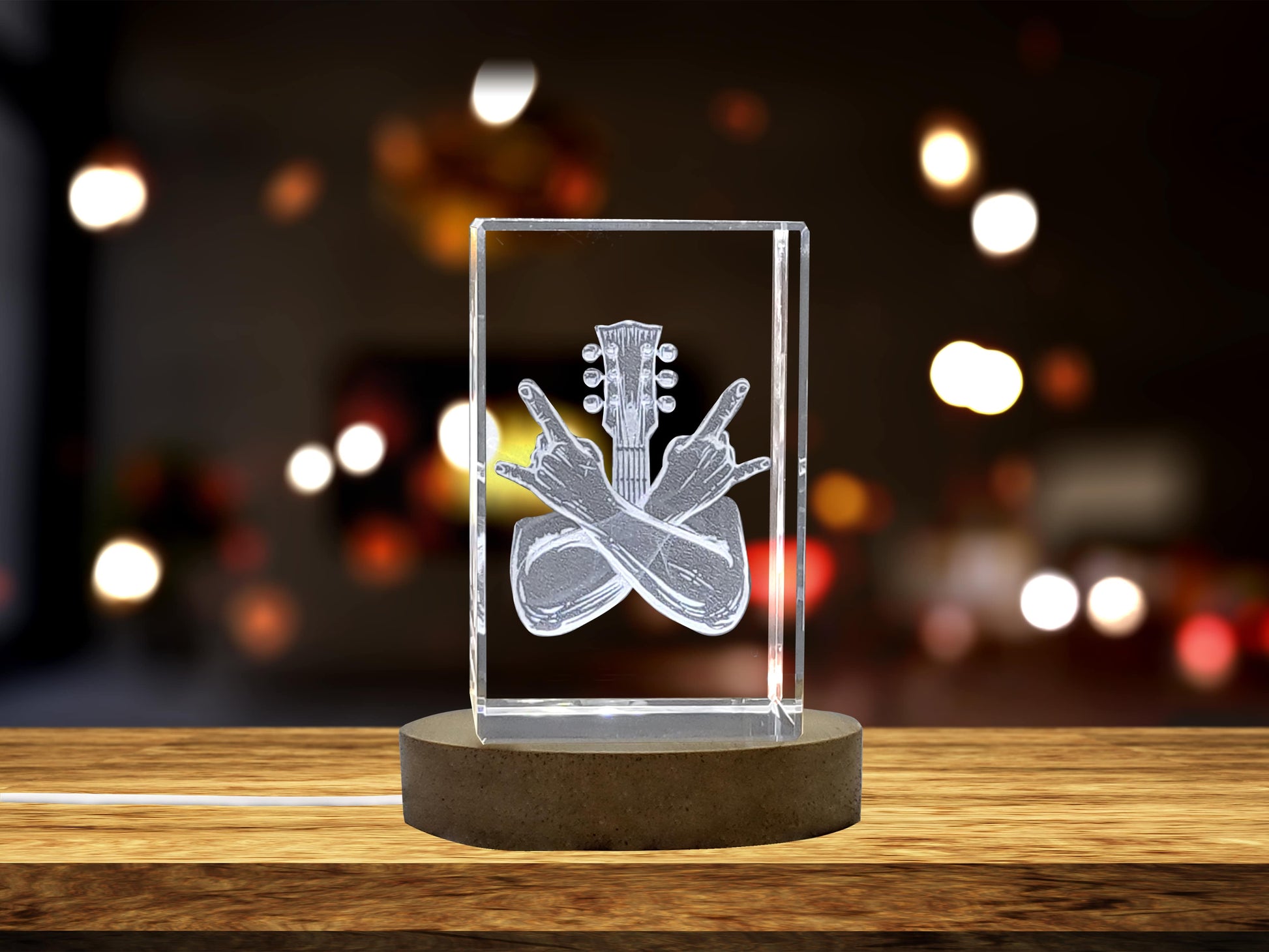 High-Quality Photo Printing & Personalized Gifts - Unique 3D Engraved Crystal with Crossed Hands Rock n Roll Gesture and Guitar Design - Perfect Gift for Music Lovers | FreezePIX