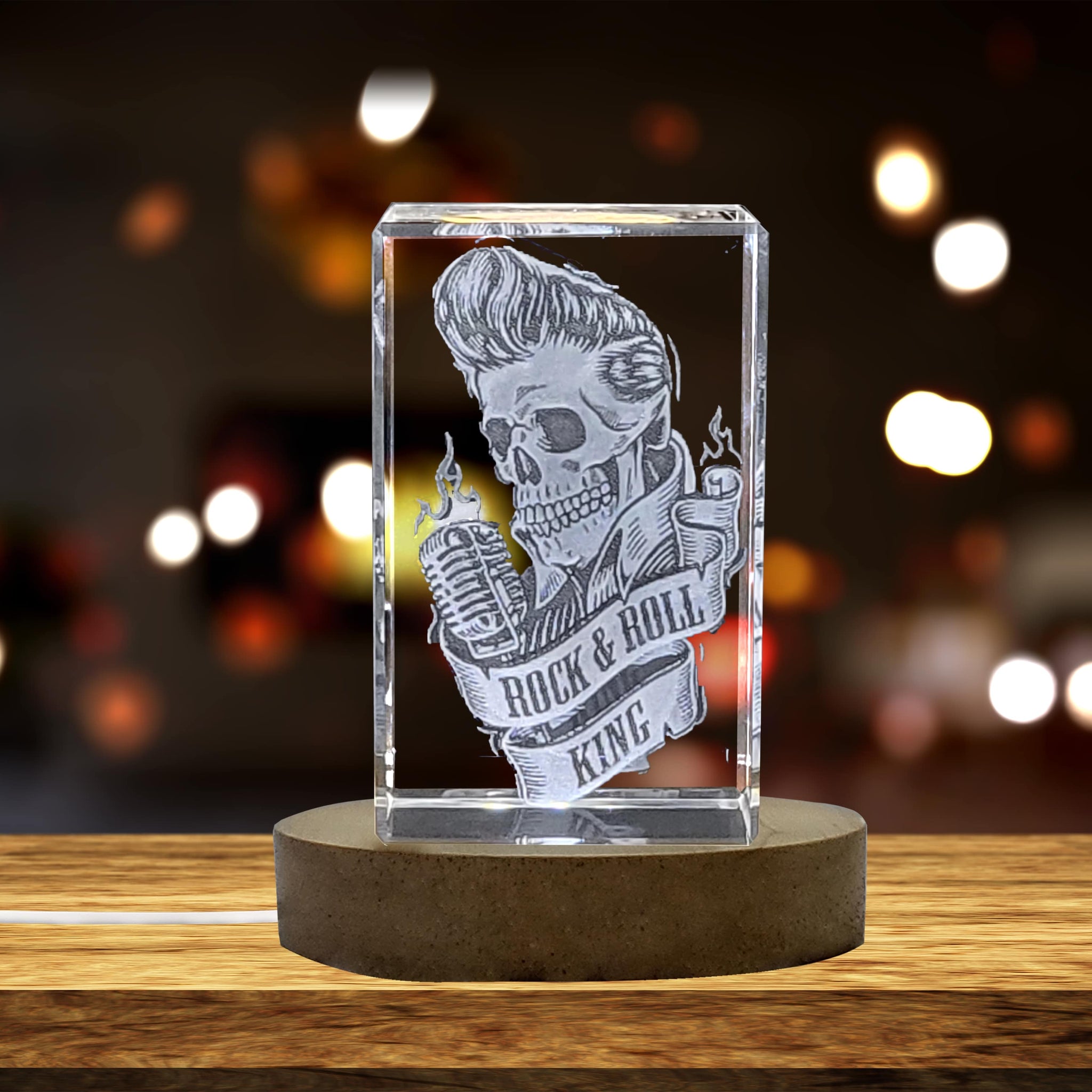 High-Quality Photo Printing & Personalized Gifts - Unique 3D Engraved Crystal with Human Skull Hairstyle, Microphone, and Ribbon Design - Perfect Gift for Music Lovers | FreezePIX