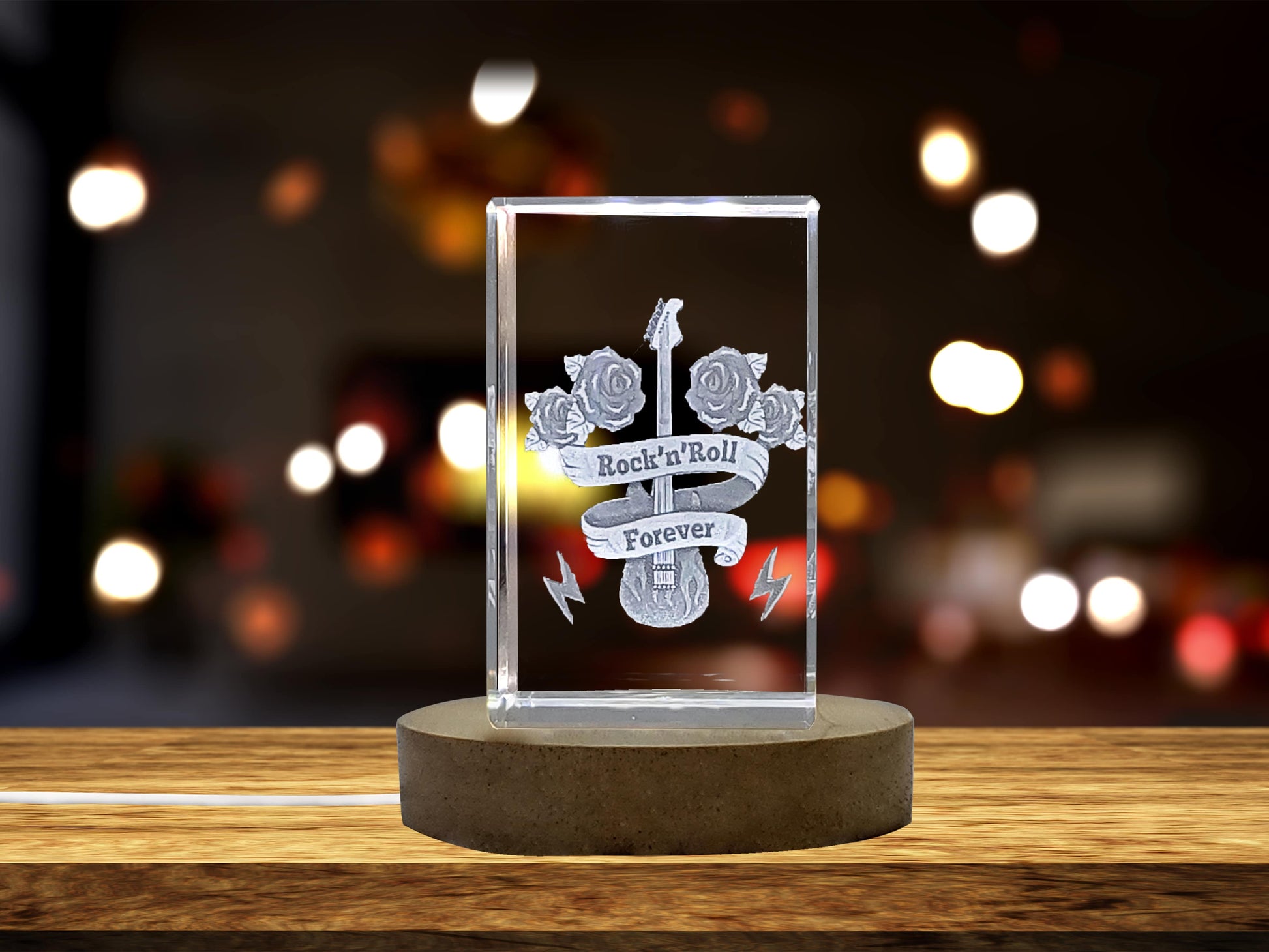 High-Quality Photo Printing & Personalized Gifts - Unique 3D Engraved Crystal with Rock-n-Roll Electric Guitar and Ribbons Design - Perfect Gift for Music Lovers | FreezePIX
