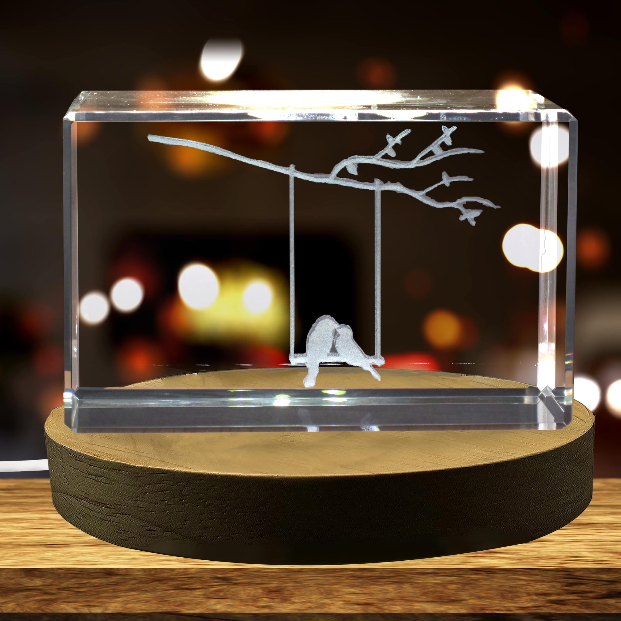 High-Quality Photo Printing & Personalized Gifts - Souvenir 3D Engraved Crystal of Birds on a Swing on a Branch | FreezePIX