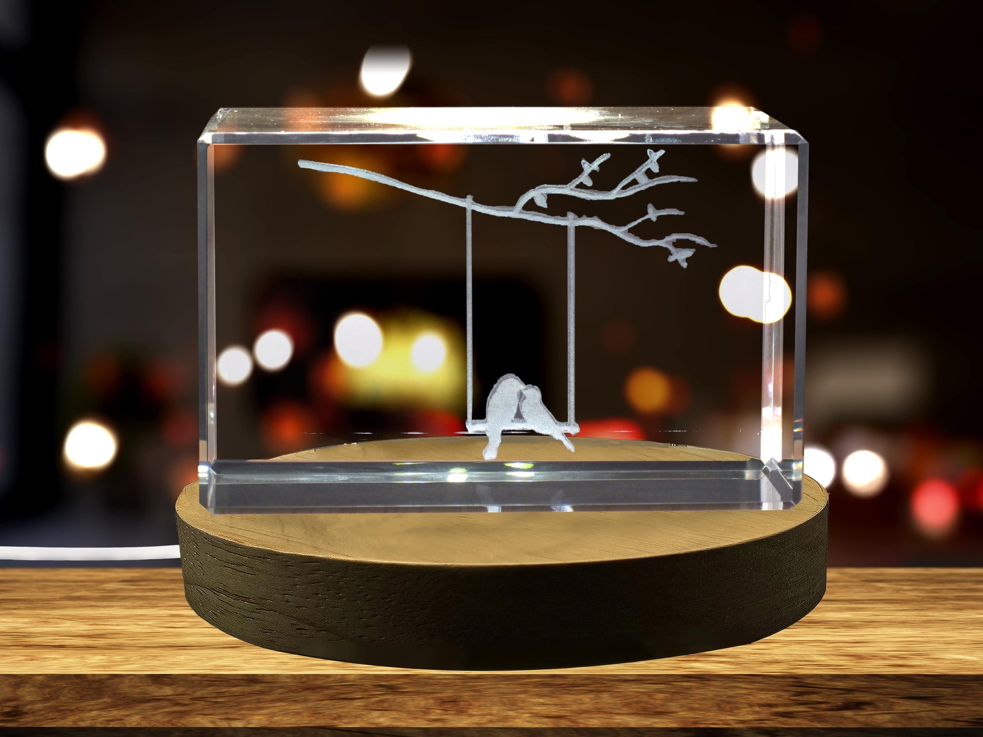 High-Quality Photo Printing & Personalized Gifts - Souvenir 3D Engraved Crystal of Birds on a Swing on a Branch | FreezePIX