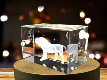 Leo Zodiac Sign 3D Engraved Crystal Keepsake Gift with Free LED Base Light