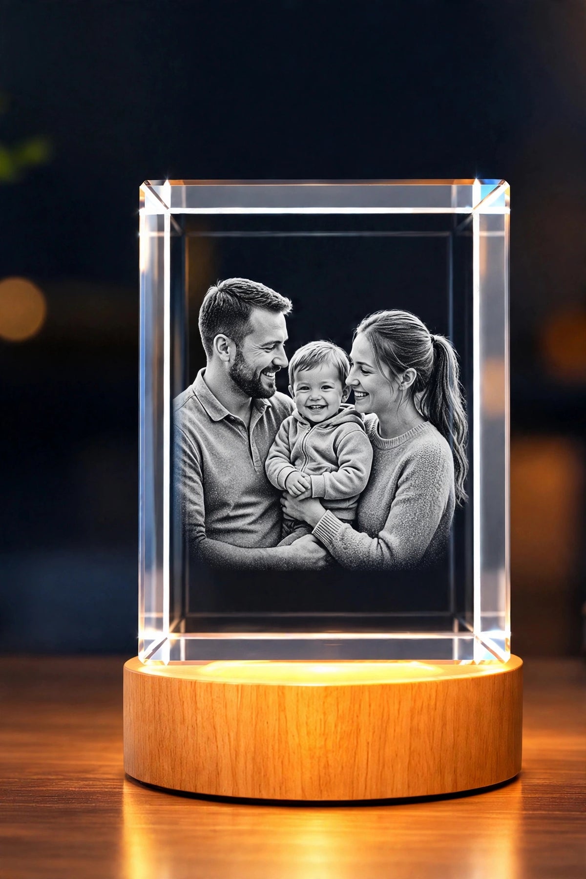 FreezePix rectangle 3D crystal with custom photo engraving on light base