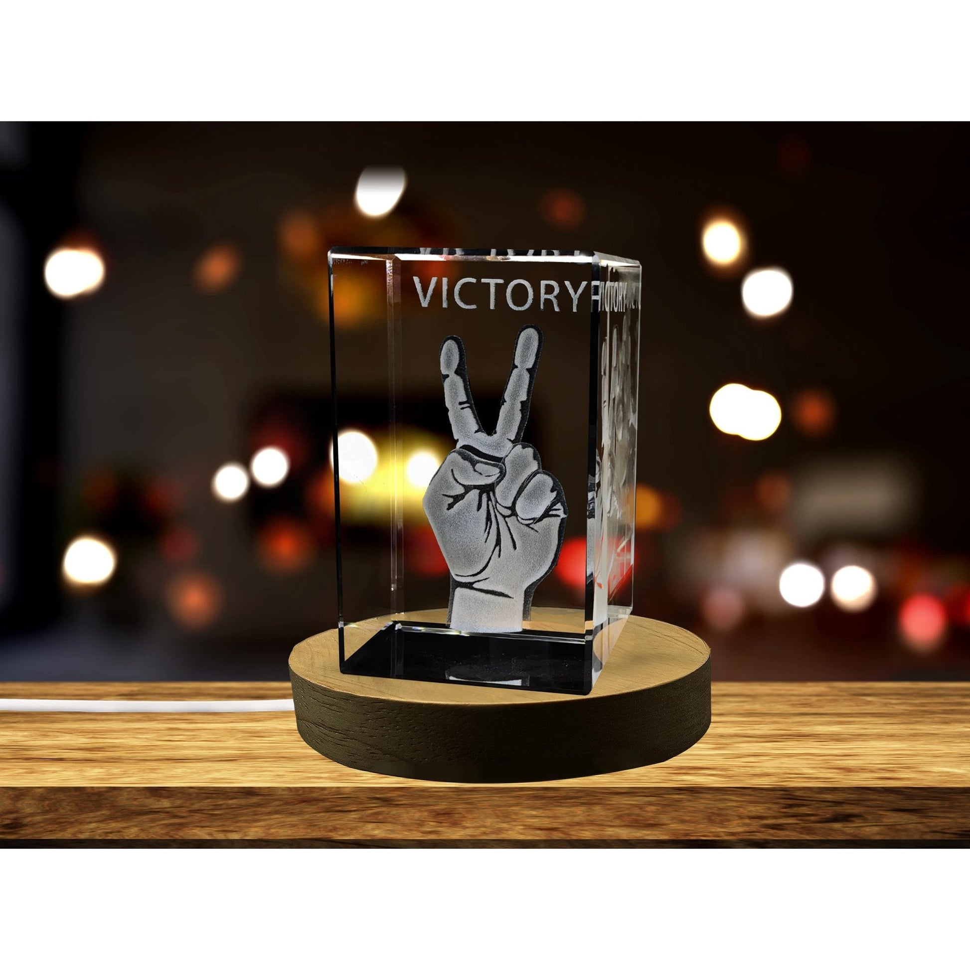 High-Quality Photo Printing & Personalized Gifts - Victory Sign 3D Engraved Crystal Keepsake with LED Base Light | FreezePIX