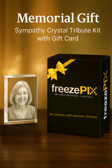 freezePix Memorial Gift Sympathy Crystal Tribute Kit with gift card on a wooden surface.